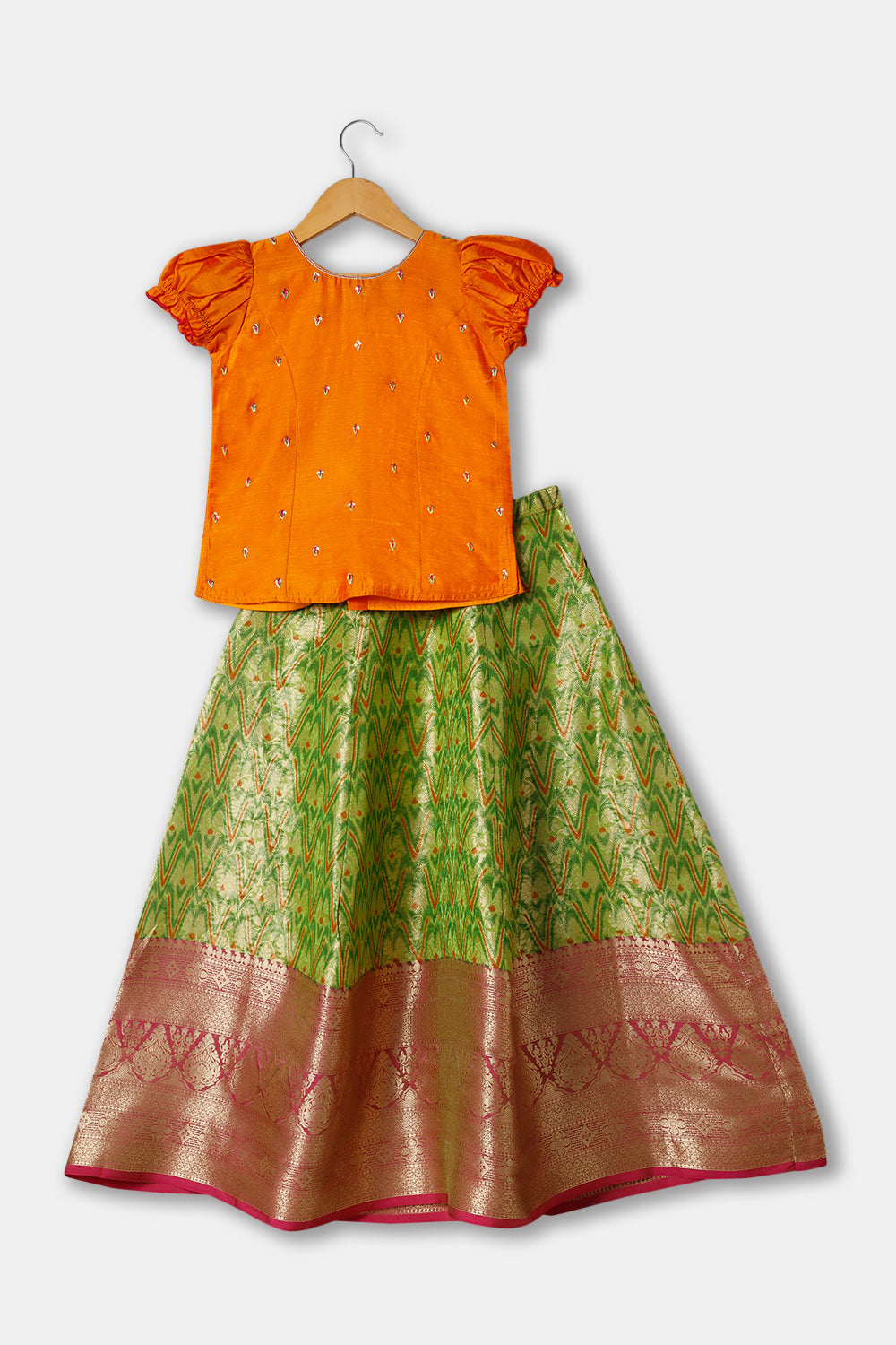 Chittythalli Girls Ethnic wear  Cotton blend  Pavadai Set with  Round Neck Puff Sleeve - Orange - PS36