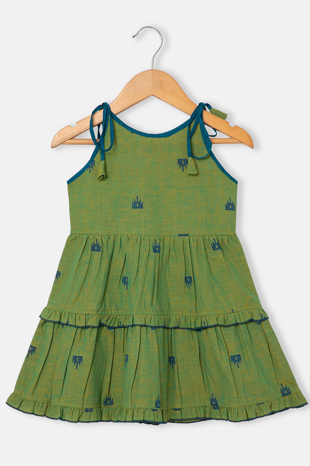 Chittythalli Girls Ethnic Layered Frock with Ruffles & Tassels – Handloom Butta Dress - Green - FR24