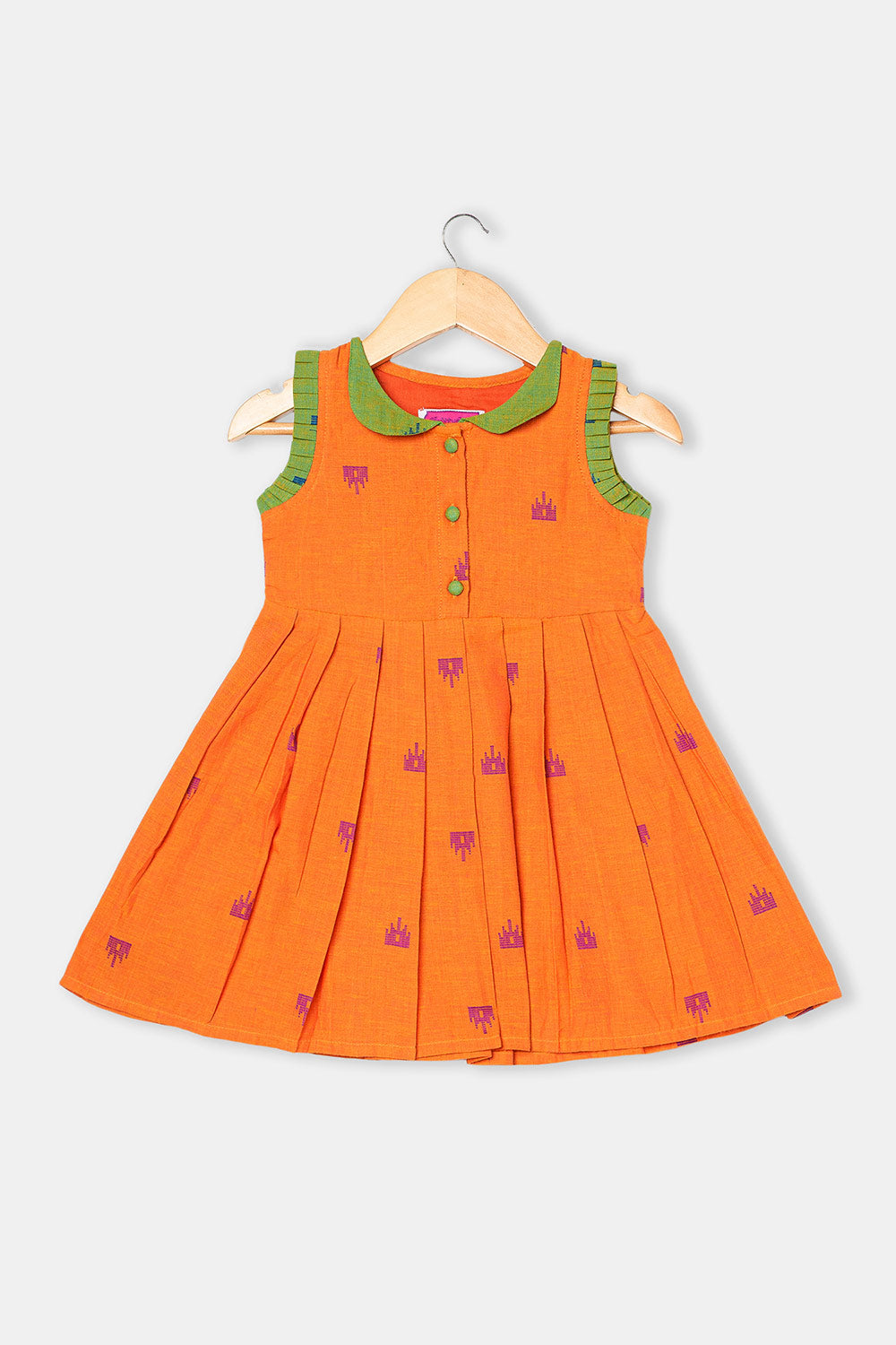 Chittythalli Girls Ethnic Frock Cotton Sleeveless Dress with Peter Pan Collar, Knife Pleats and Gathered Skirt- Orange - FR40