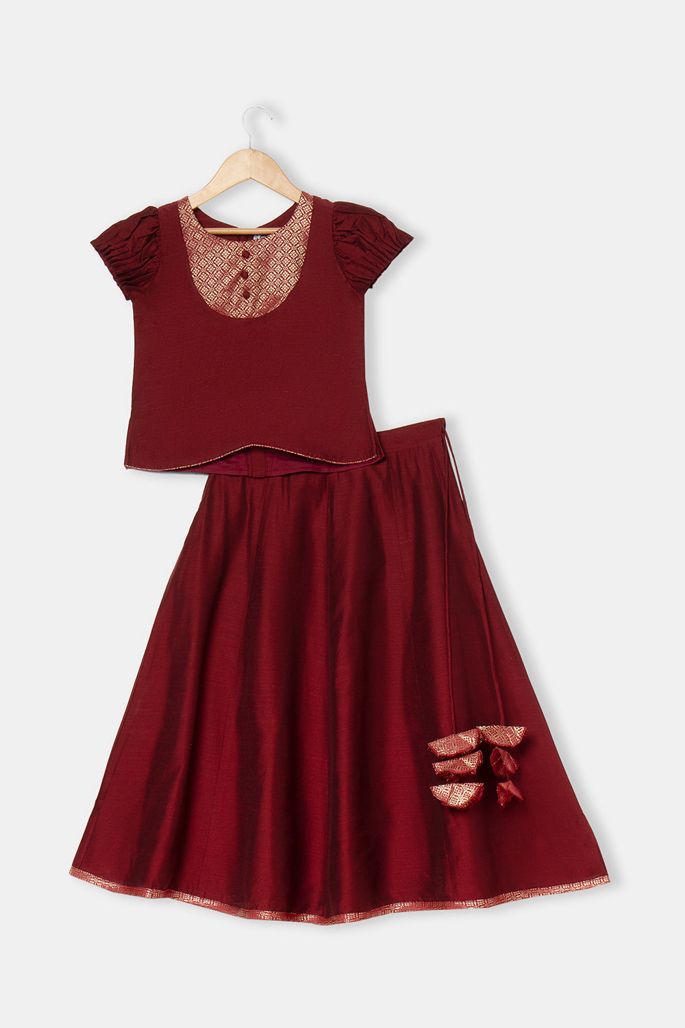 Chittythalli Girls Pavadai Skirt and Top Set Traditional Indian Outfit Festive Ethnic Wear with Puff Sleeves - Maroon - PS33