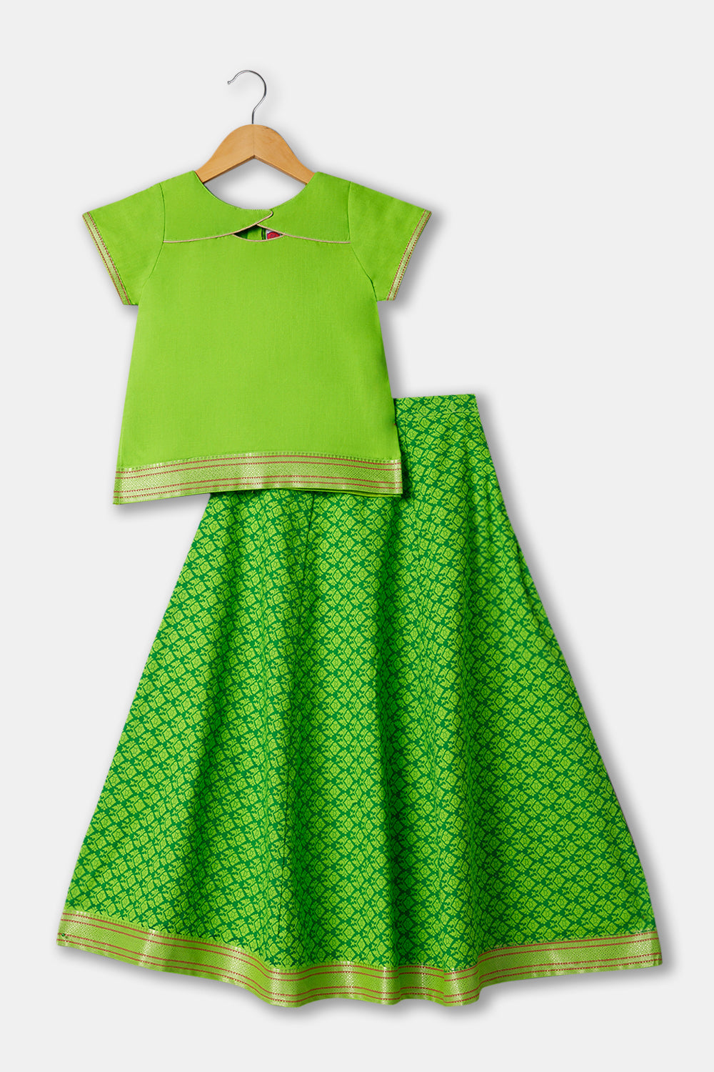 Chittythalli Girls Ethnic wear Cotton printed fabric  Pavadai Set with Stylized Neck Half Sleeve - Green - PS65