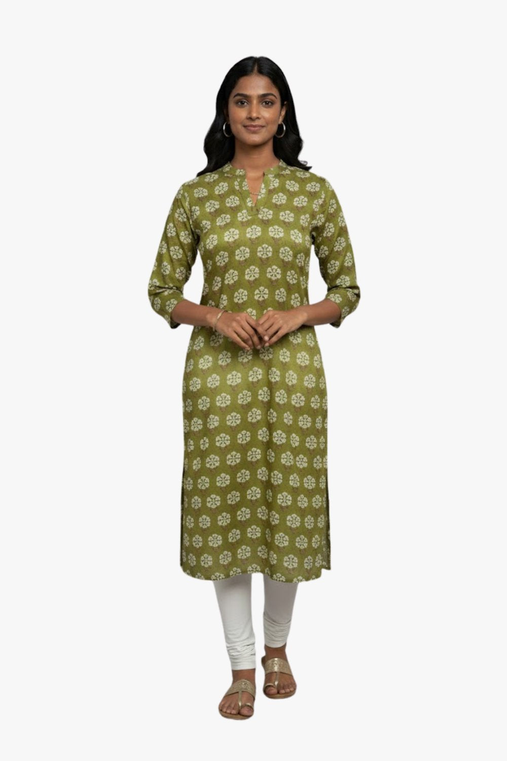Mythri Women’s Cotton Straight Kurtha for Women – Mandarin Collar & 3/4th Sleeves Floral Butta Print - Green - C312