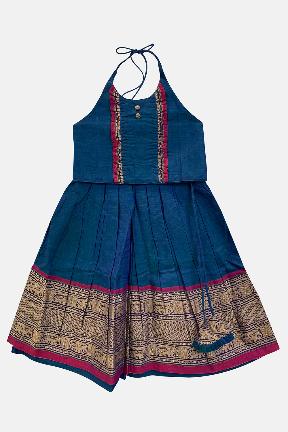 Chittythalli Girls’ Halter-Neck Pavadai Set – Cotton Blend Layered Box Pleat Skirt - Dark Blue - PS28