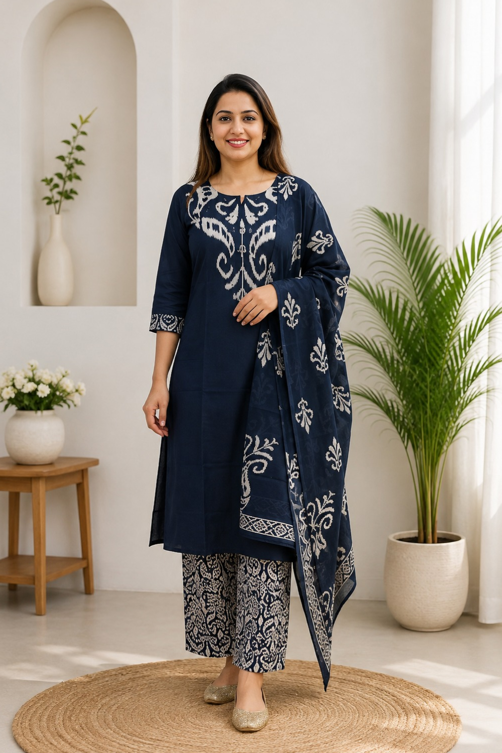 Women’s Cotton Blend Printed Chudidar | Round Neck Below Knee Kurta with 3/4 Sleeves | Regular Fit Daily Office Casual Ethnic Wear for Women - SS02