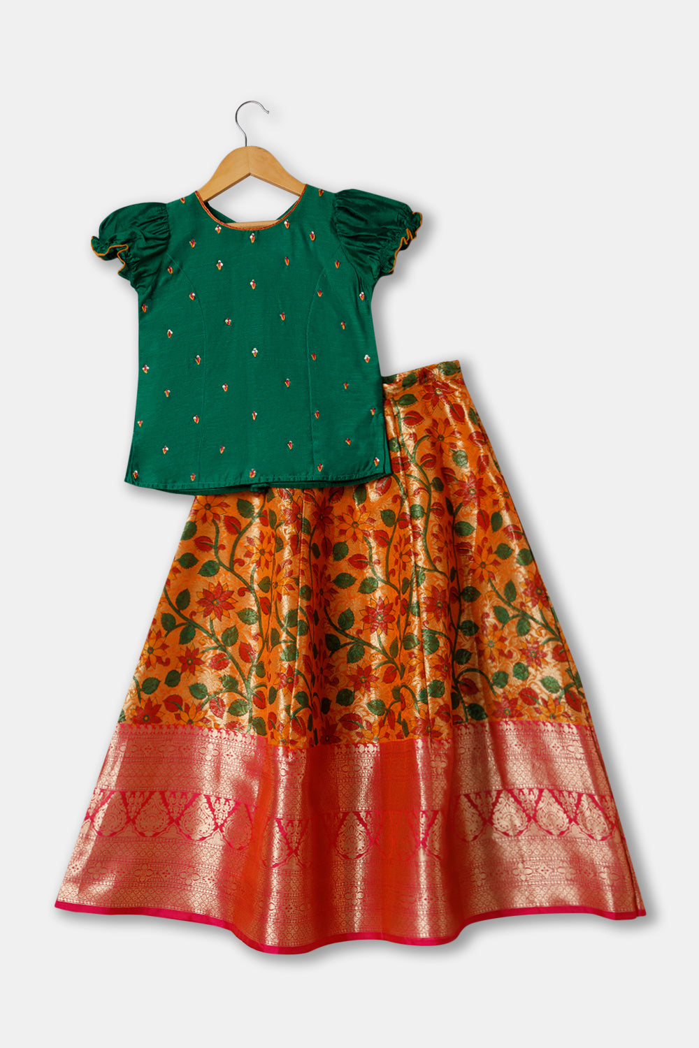Chittythalli Girls Ethnic wear Cotton blend  Pavadai Set with Round Neck Puff Sleeve - Green - PS36