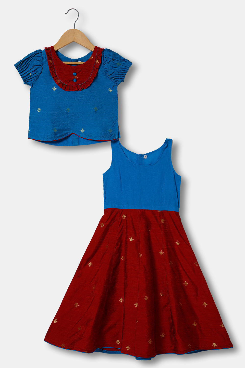 Chittythalli Pintuck Sleeve With Patch Work With Ruffle Detailing Top And Skirt Pavadai Set -  Blue  - PS33