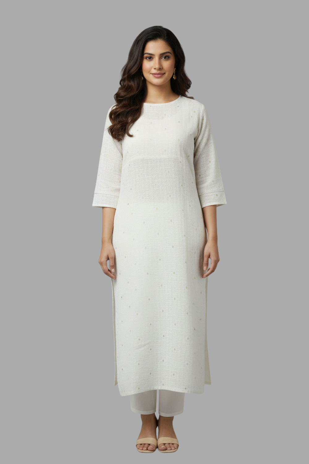 Mythri Women’s White Jacquard Chanderi Kurti – Gold Piping & Sheer Yoke Design - White Jacquard - KU97