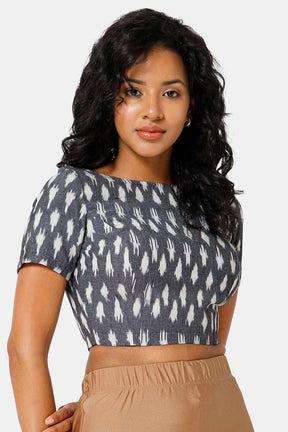 Naiduhall Princess Cut Boat Neck Short Sleeve Ikat Blouse - Black - BU08