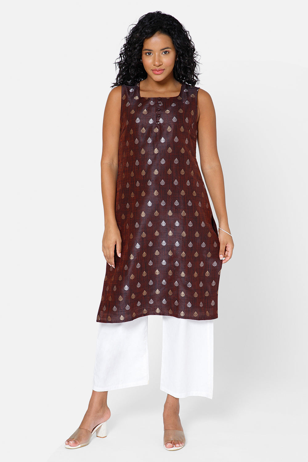 Mythri Women's Square Round Neck Sleeveless Casual Kurthi with Attachable Sleeves - Brown - KU33