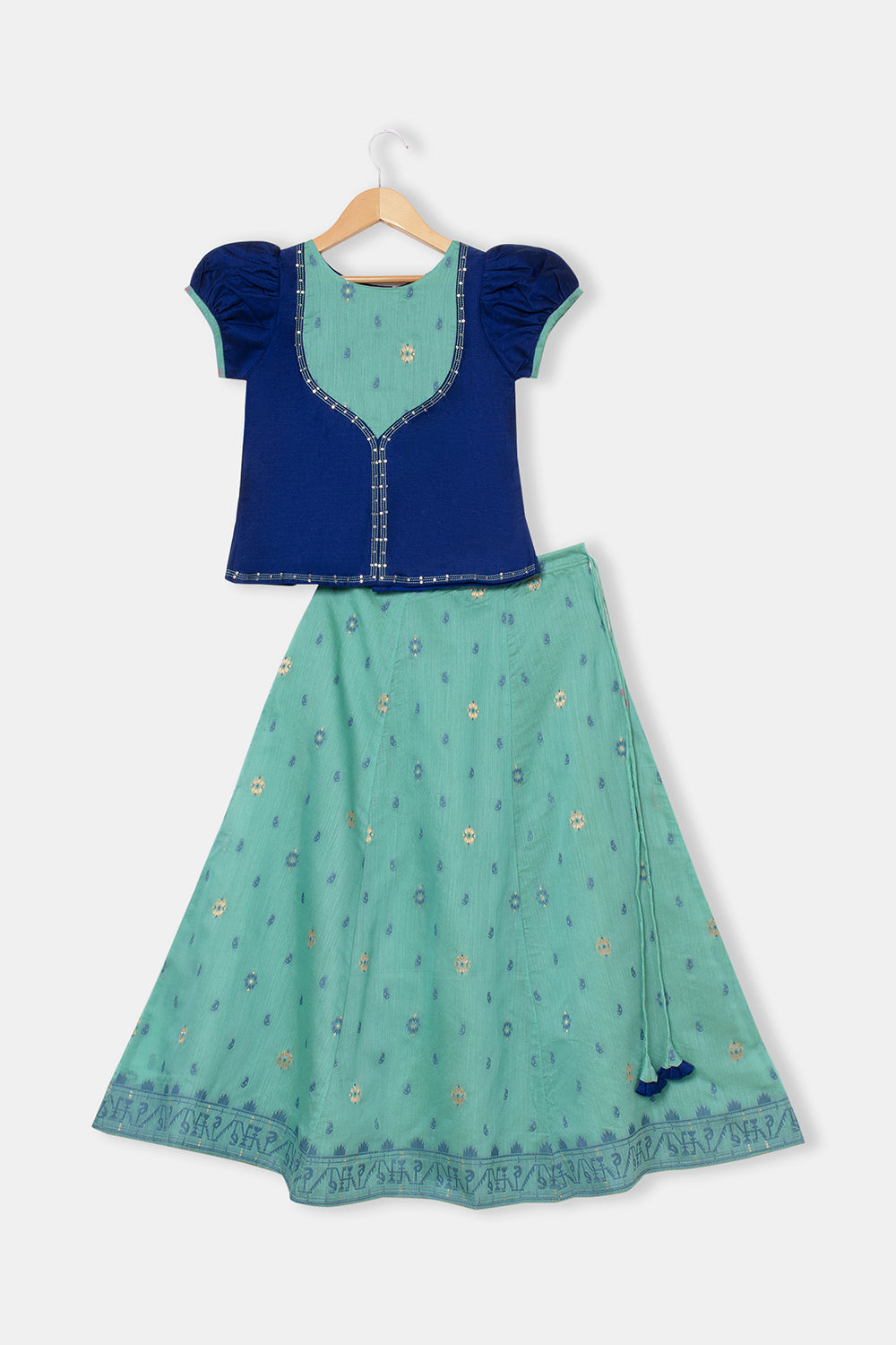 Chittythalli Girls Pavadai Set with Puff Sleeve Top & Embroidered Kali Skirt - Blue - PS76