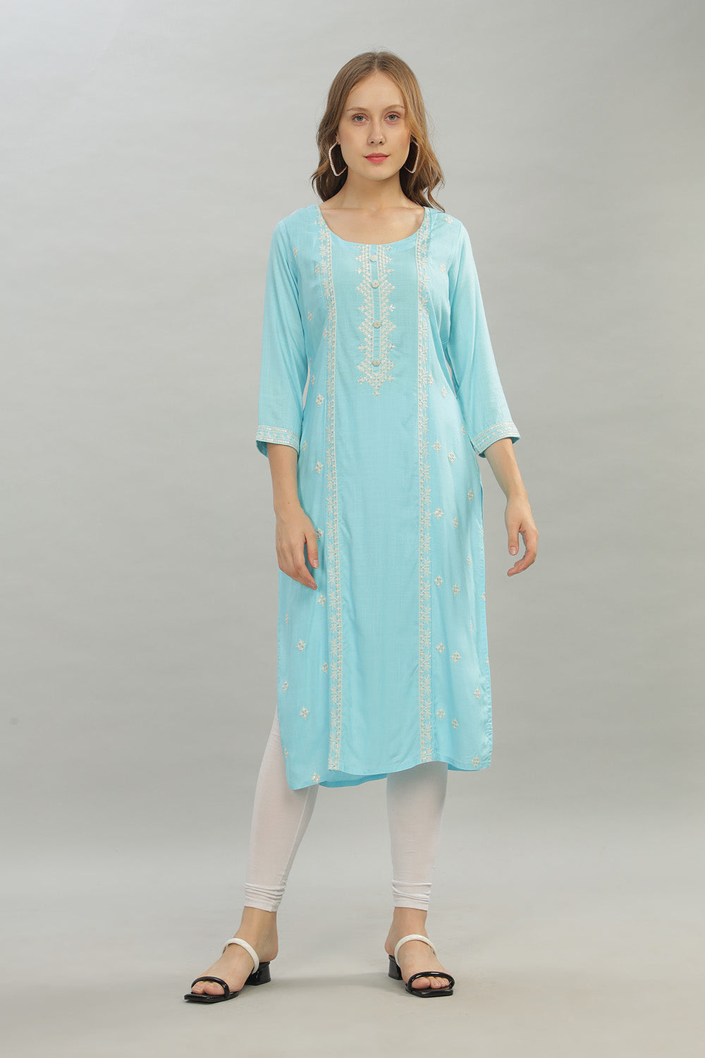 Mythri Round Neck Straight Cut Kurta with 3/4 Sleeves - Light Blue - KU41