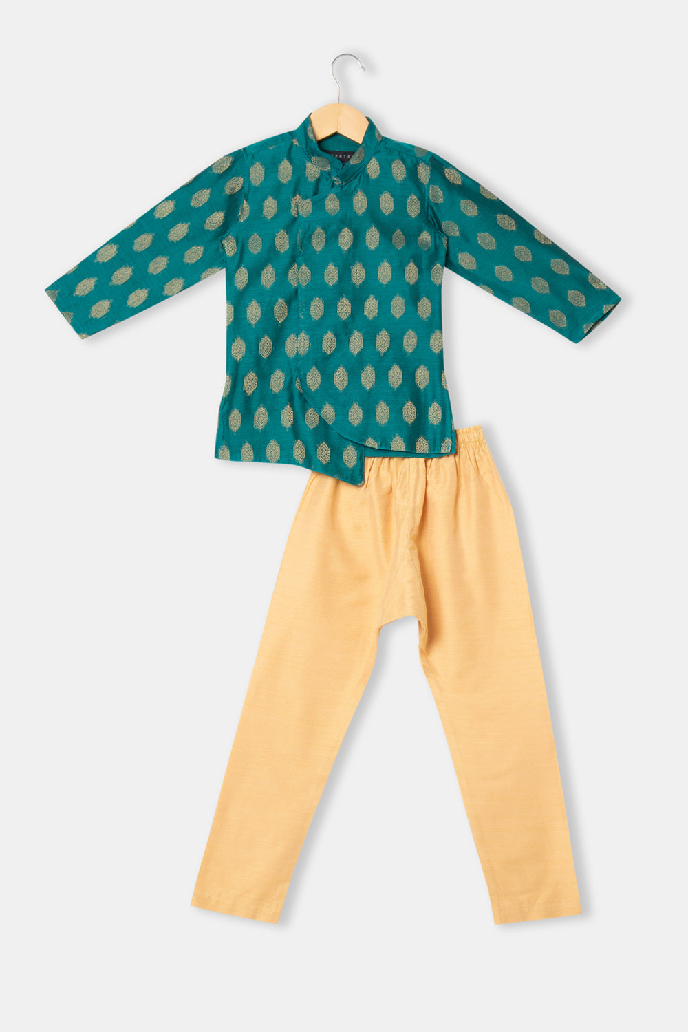 Navkrish Boy's Ethnic Kurta Set with Asymmetric Jacket with Mandarin Collar - Green - S012