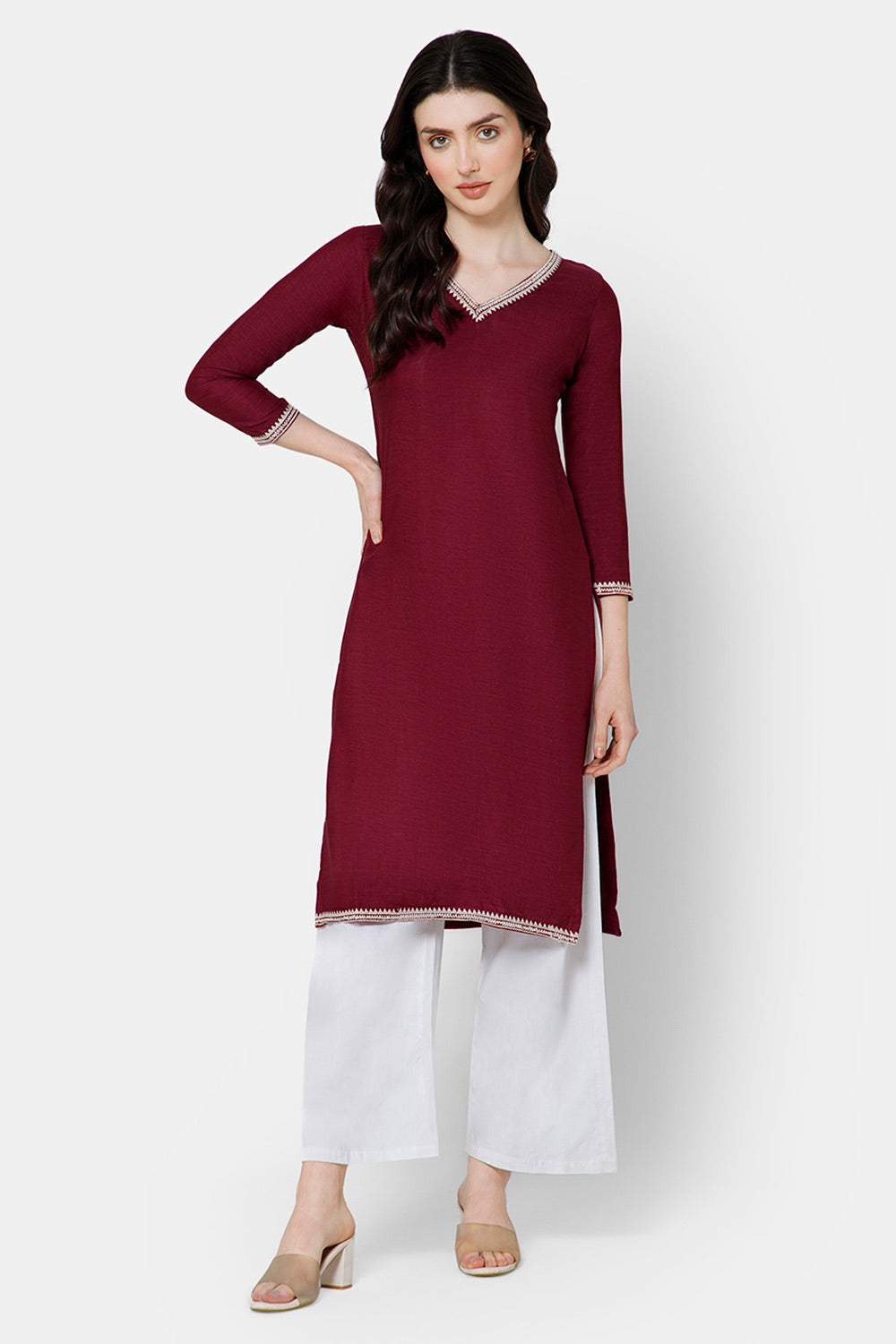 Mythri Women's Casual Kurthi with Minimalistic Embroidery At The Neckline - Red - E076