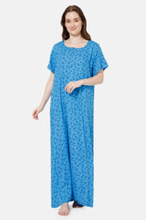 Naidu Hall Front Open Printed Nighty with Square Round Neck - Dark blue - NT33