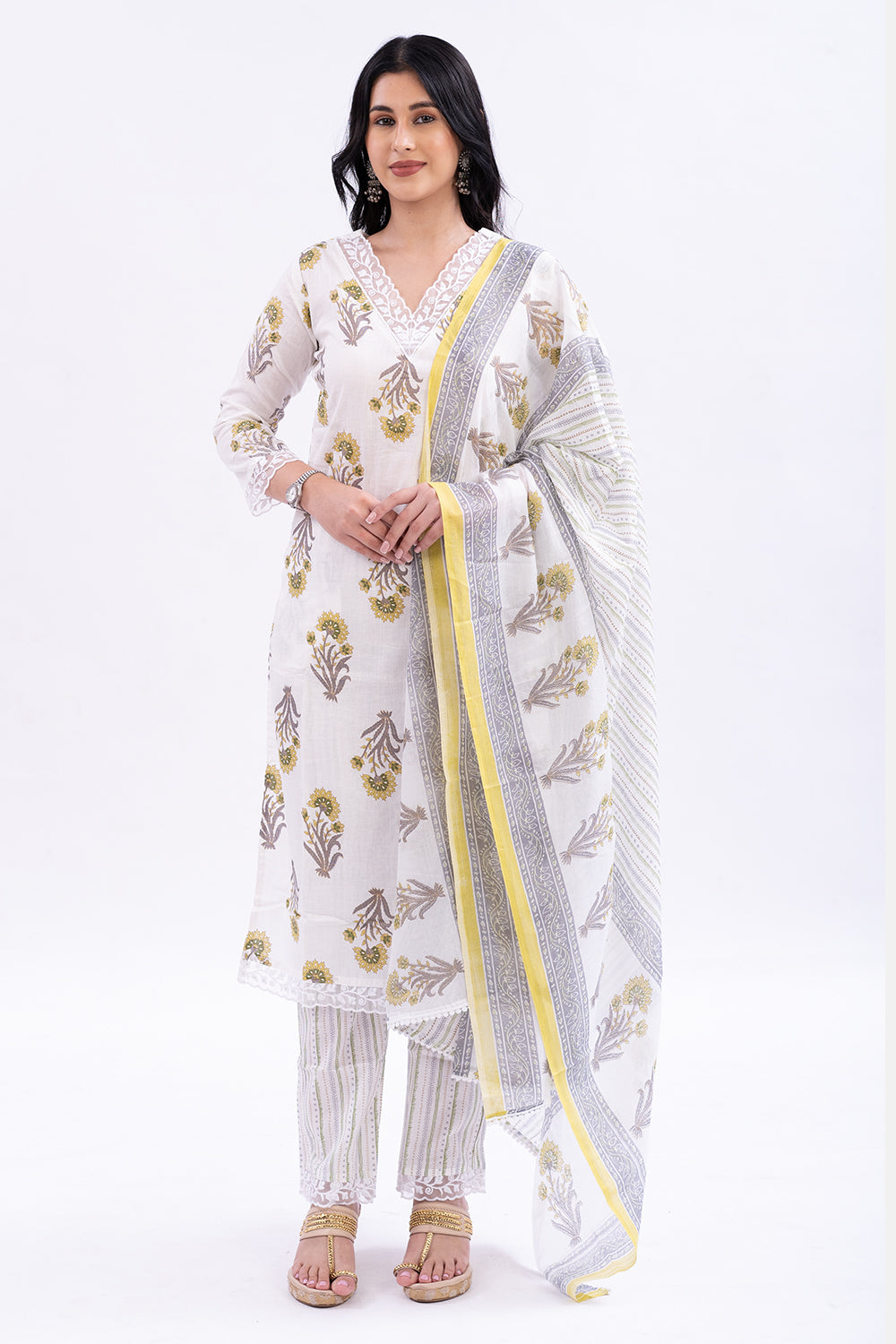 Mythri V-Neck with 3/4 Sleeves Salwar Set - Off-White - SS06