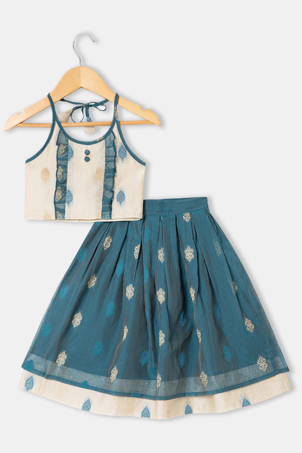 Blue Cotton Ethnic Pavadai Set – Halter Neck with Ruffles | Chittythalli Girls’ Festive Wear - PS28