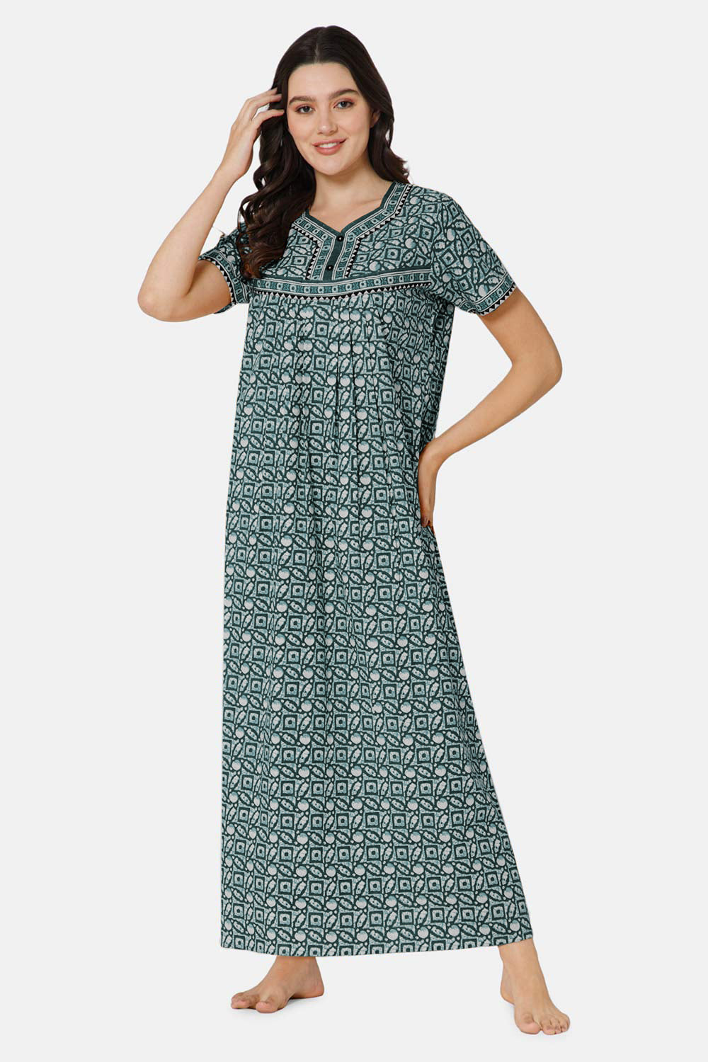 Naidu Hall Pleated Women's Nighty Full Length Half Sleeve  - Green - R126