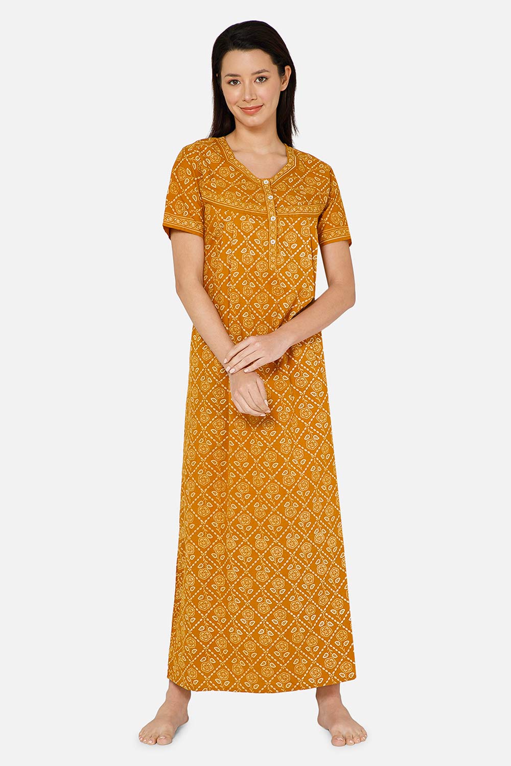 Naidu Hall A-line Front Open Women's Nighty Full Length Half Sleeve  - Yellow - R133