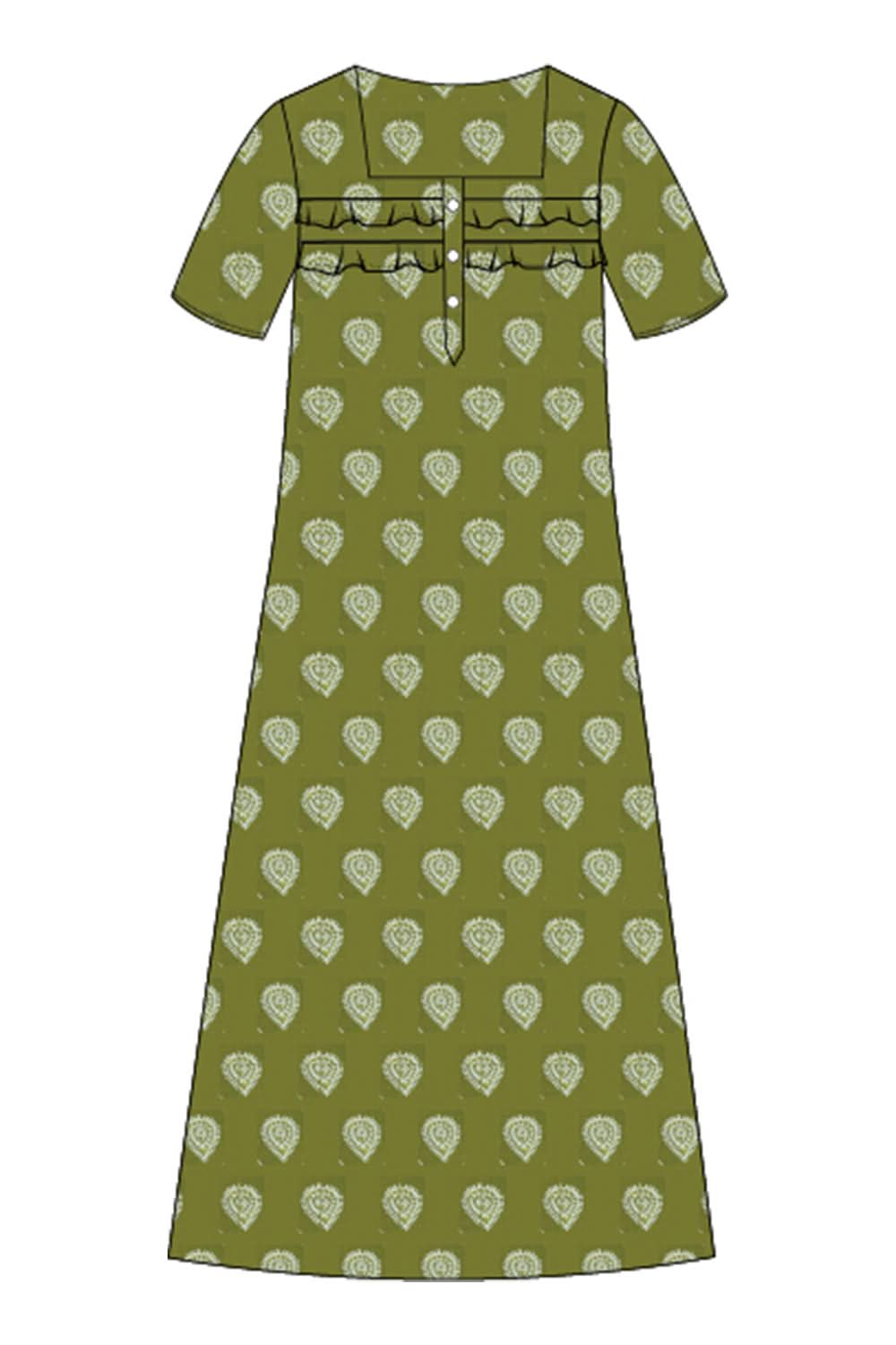 Naidu Hall  Women's Printed A-Line Nighty with Square Neck and Ruffle Detailing - Green - N101