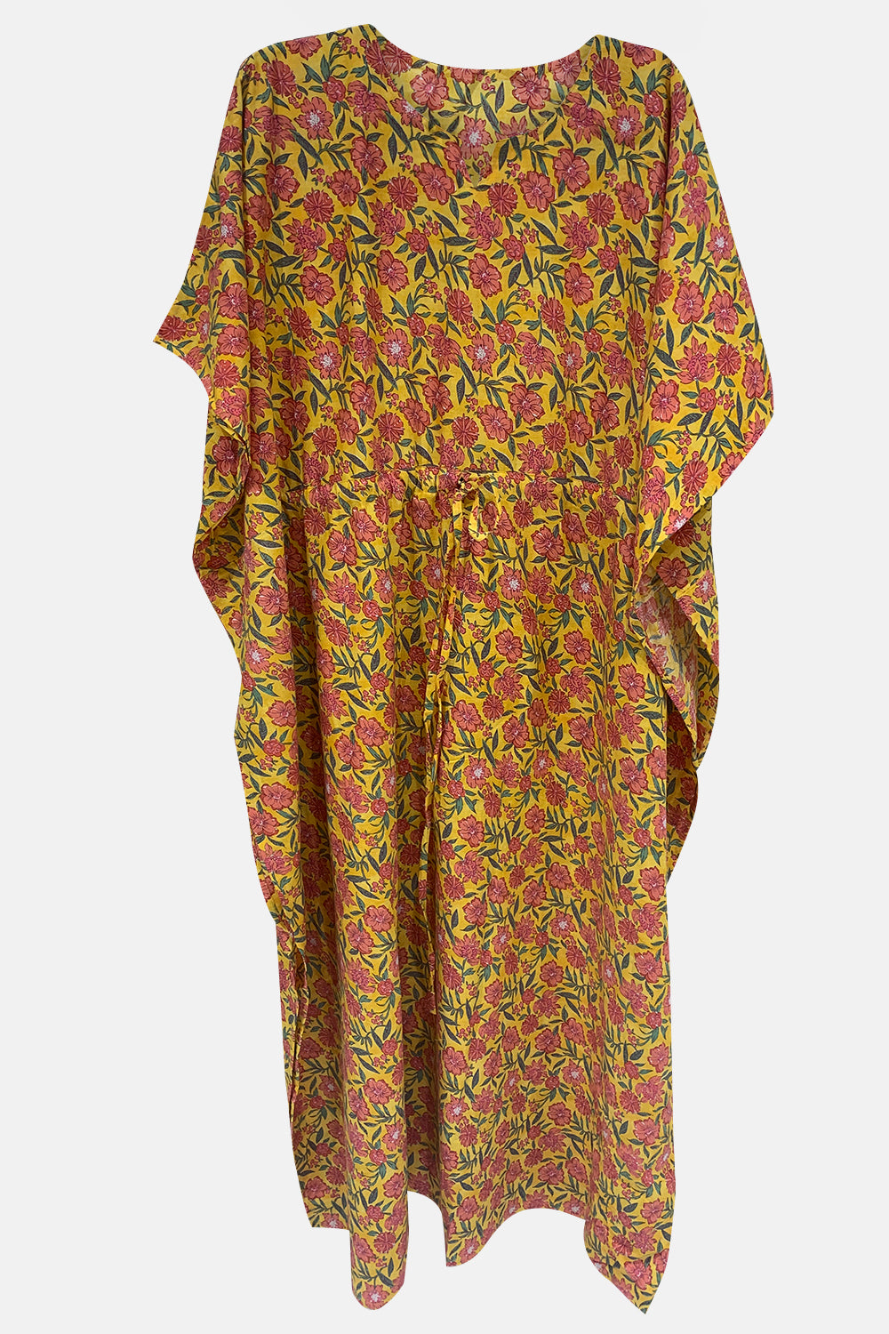 Naidu Hall Round Neck Kaftan Style Printed Nighty - Yellow  - NT65