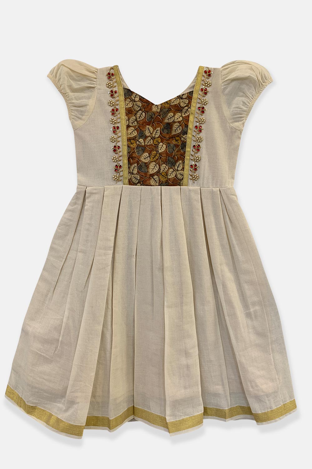 Chittythalli Girls’ Asymmetric Neck Pavadai Set – Brocade Skirt & Cotton Top - Off White - FR42