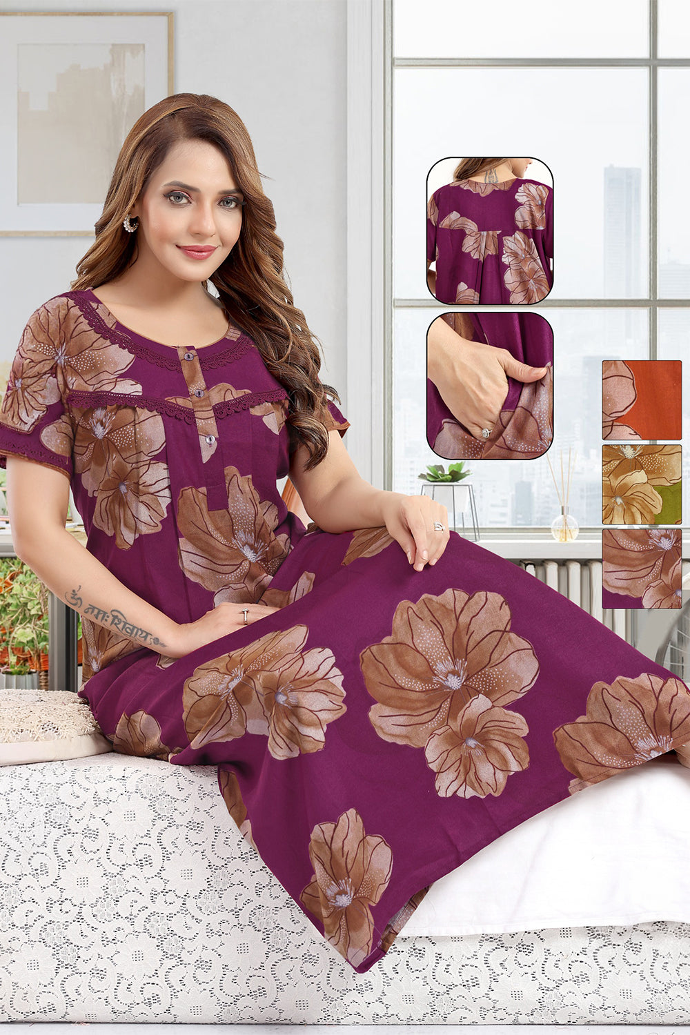 Women’s Pure Cotton Prints Pleated Nighty | Full Length Round Neck Night Dress with Short Sleeve | Relax Fit Sleepwear, Home Wear & Loungewear