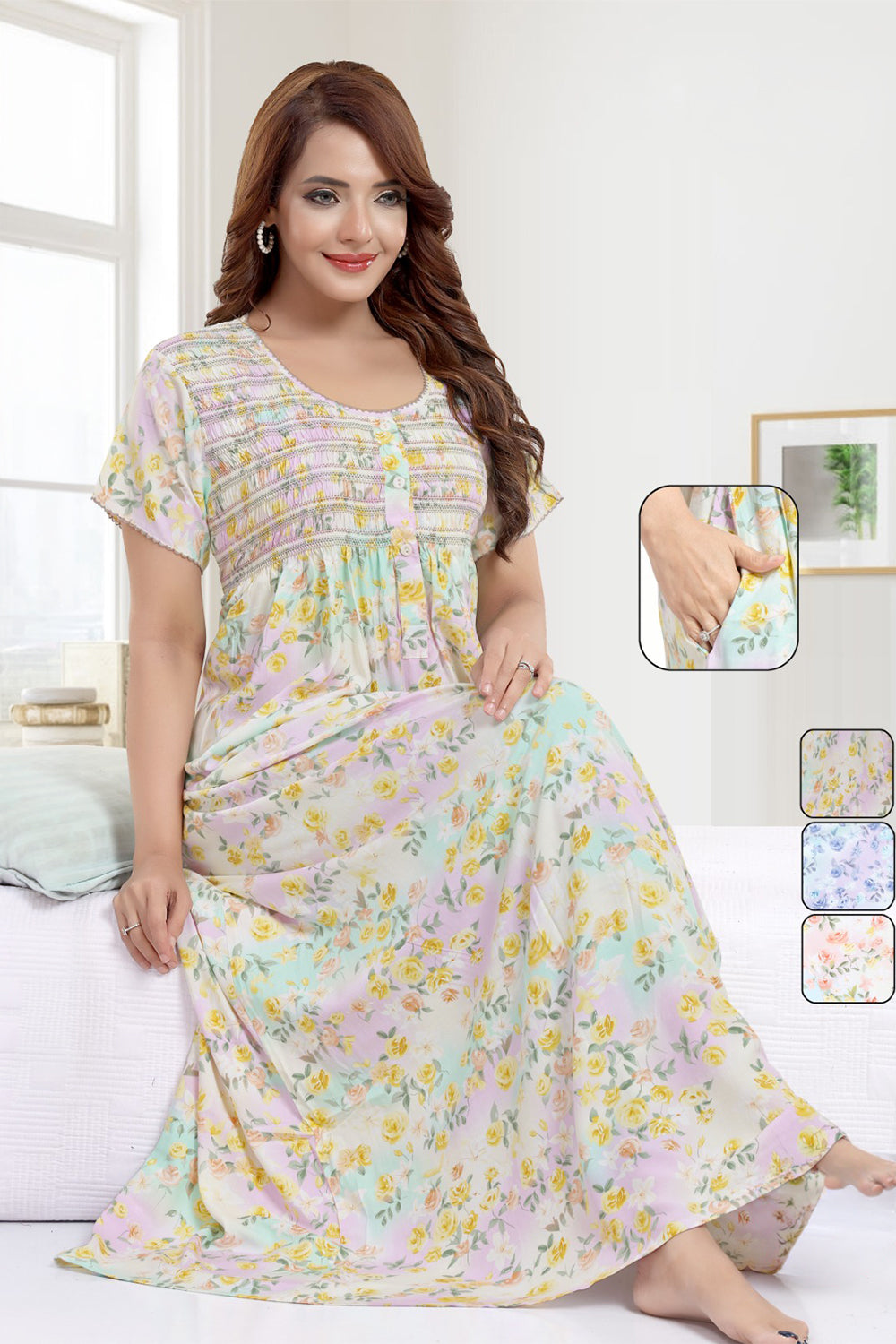 Women’s Rayon Prints Pleated Nighty | Full Length Round Neck Night Dress with Short Sleeve | Relax Fit Sleepwear, Home Wear & Loungewear