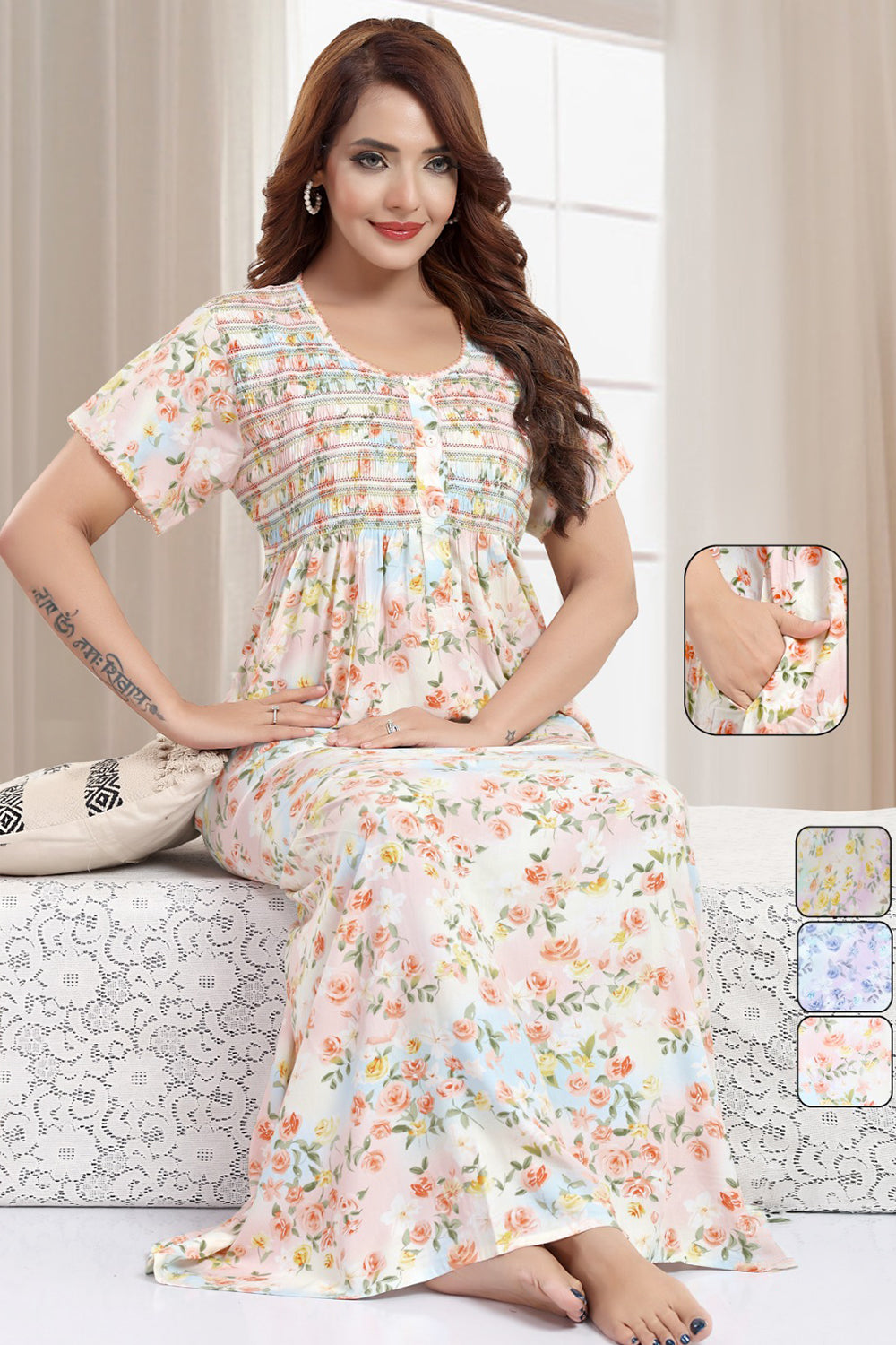 Women’s Rayon Prints Pleated Nighty | Full Length Round Neck Night Dress with Short Sleeve | Relax Fit Sleepwear, Home Wear & Loungewear