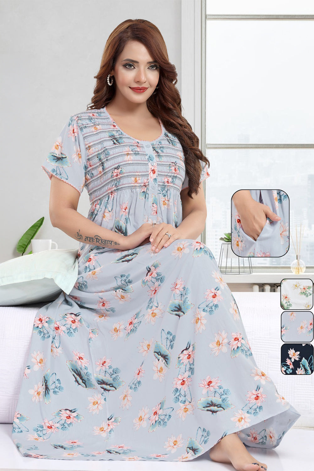 Women’s Rayon Prints Pleated Nighty | Full Length Round Neck Night Dress with Short Sleeve | Relax Fit Sleepwear, Home Wear & Loungewear