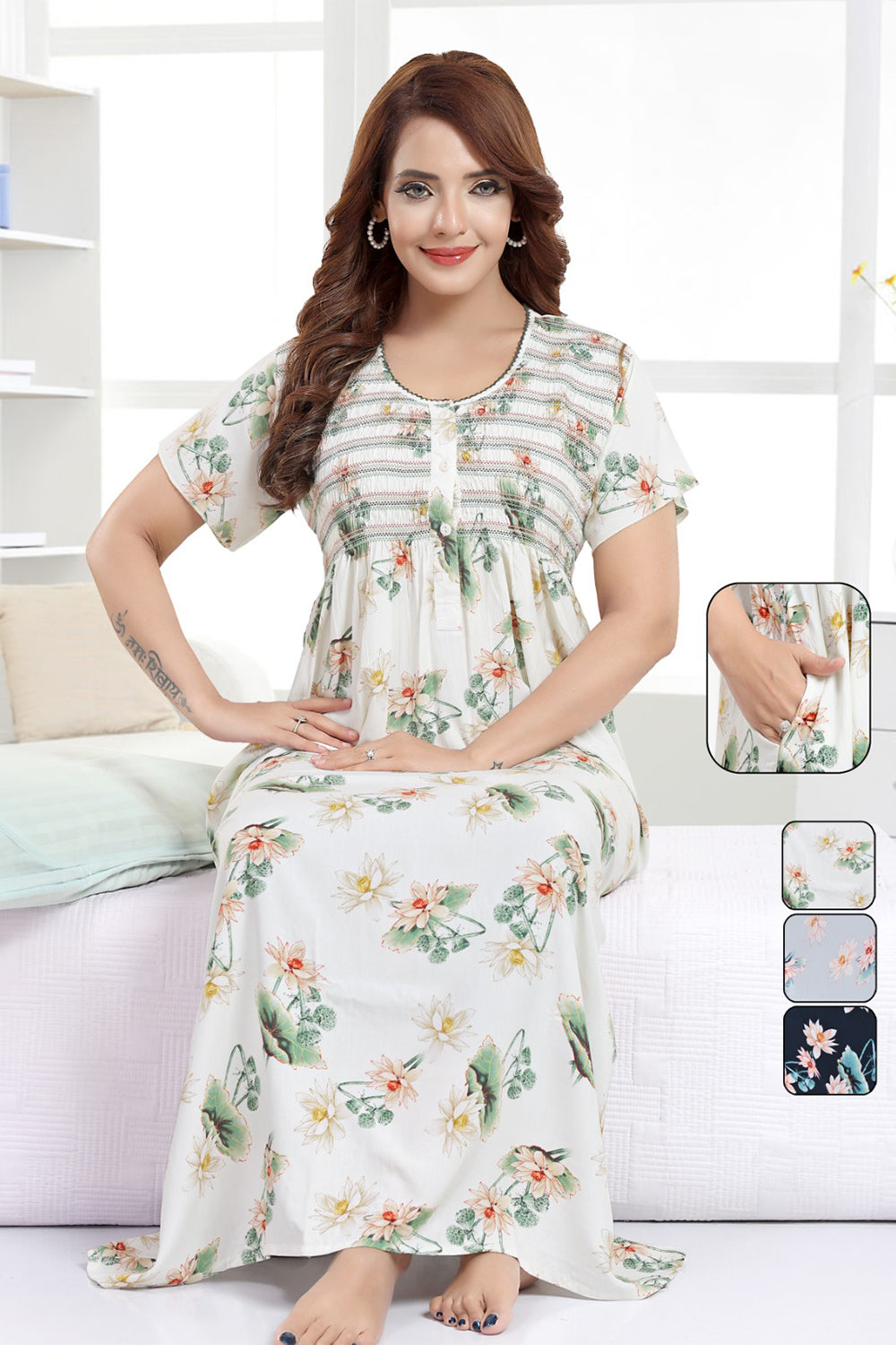 Women’s Rayon Prints Pleated Nighty | Full Length Round Neck Night Dress with Short Sleeve | Relax Fit Sleepwear, Home Wear & Loungewear