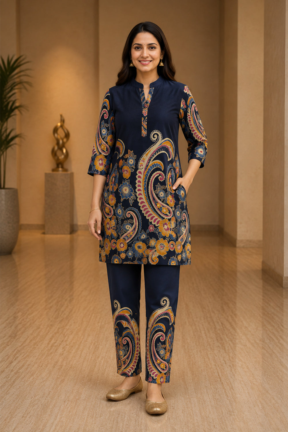 Women’s Cotton Blend Printed Short Kurti Set | Above Knee Kurta Set with 3/4 Sleeves | Regular Fit Ethnic Co-ord Set for Daily Office & Casual Wear - 2077