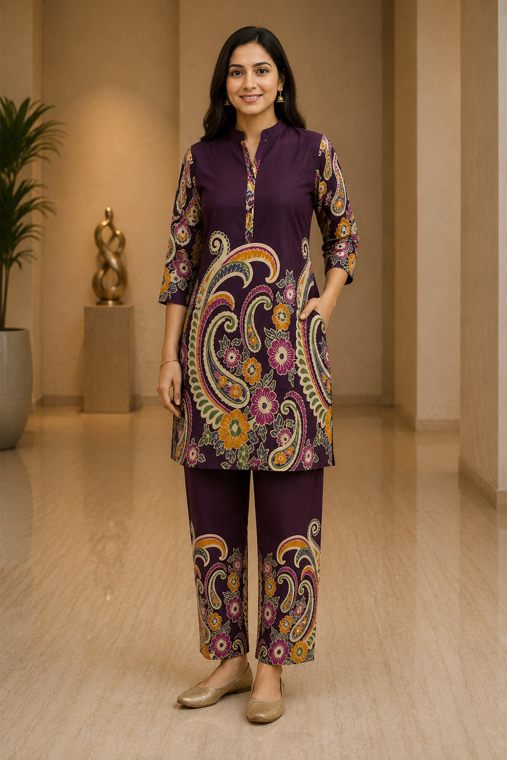 Women’s Cotton Blend Printed Short Kurti Set | Above Knee Kurta Set with 3/4 Sleeves | Regular Fit Ethnic Co-ord Set for Daily Office & Casual Wear - 2077