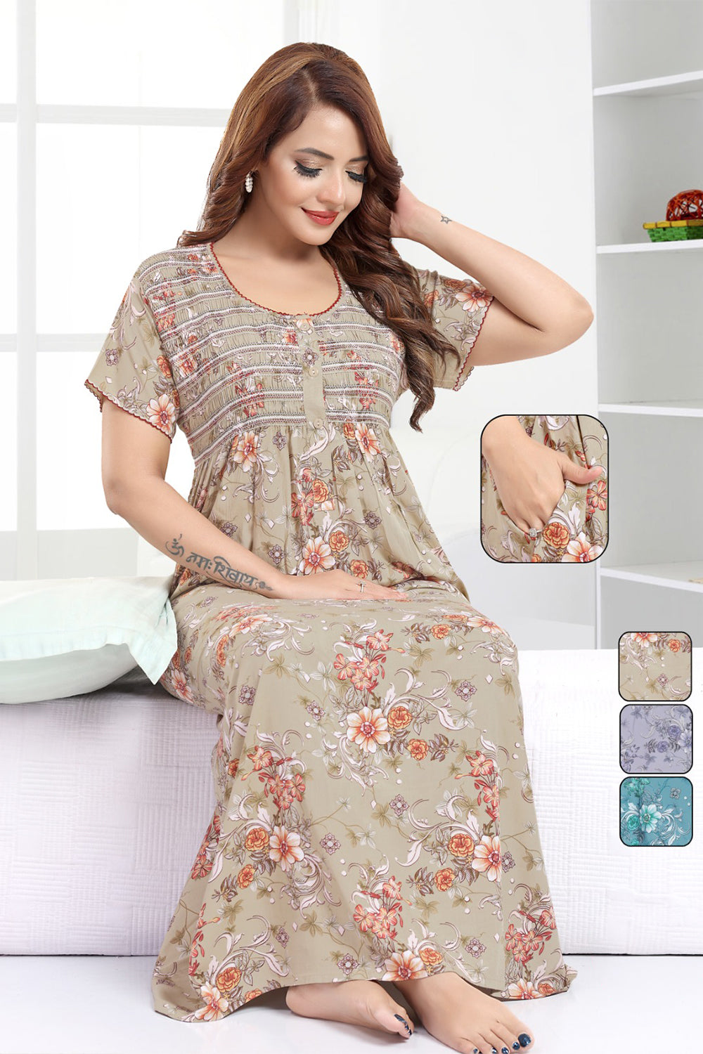 Women’s Rayon Prints Pleated Nighty | Full Length Round Neck Night Dress with Short Sleeve | Relax Fit Sleepwear, Home Wear & Loungewear