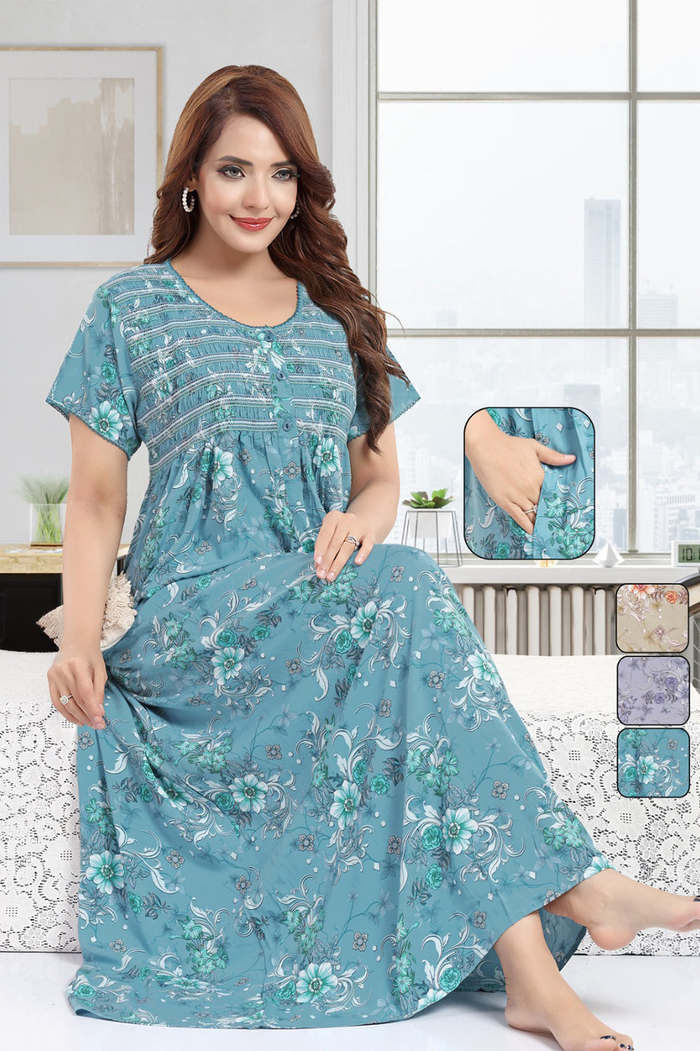 Women’s Rayon Prints Pleated Nighty | Full Length Round Neck Night Dress with Short Sleeve | Relax Fit Sleepwear, Home Wear & Loungewear