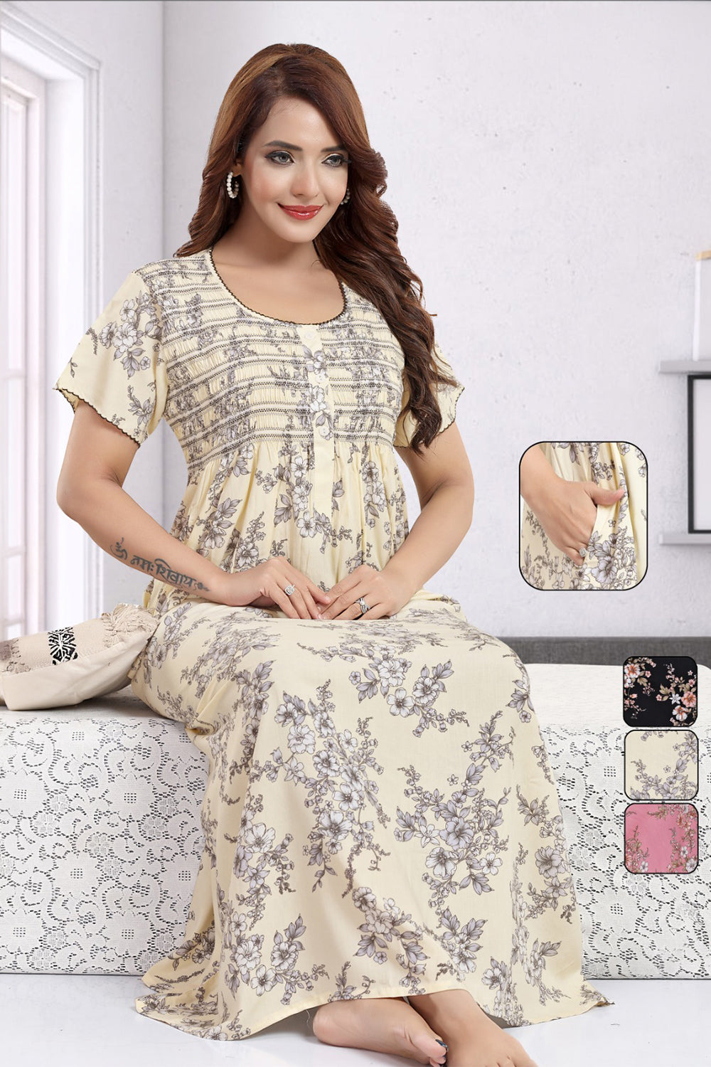 Women’s Rayon Prints Pleated Nighty | Full Length Round Neck Night Dress with Short Sleeve | Relax Fit Sleepwear, Home Wear & Loungewear