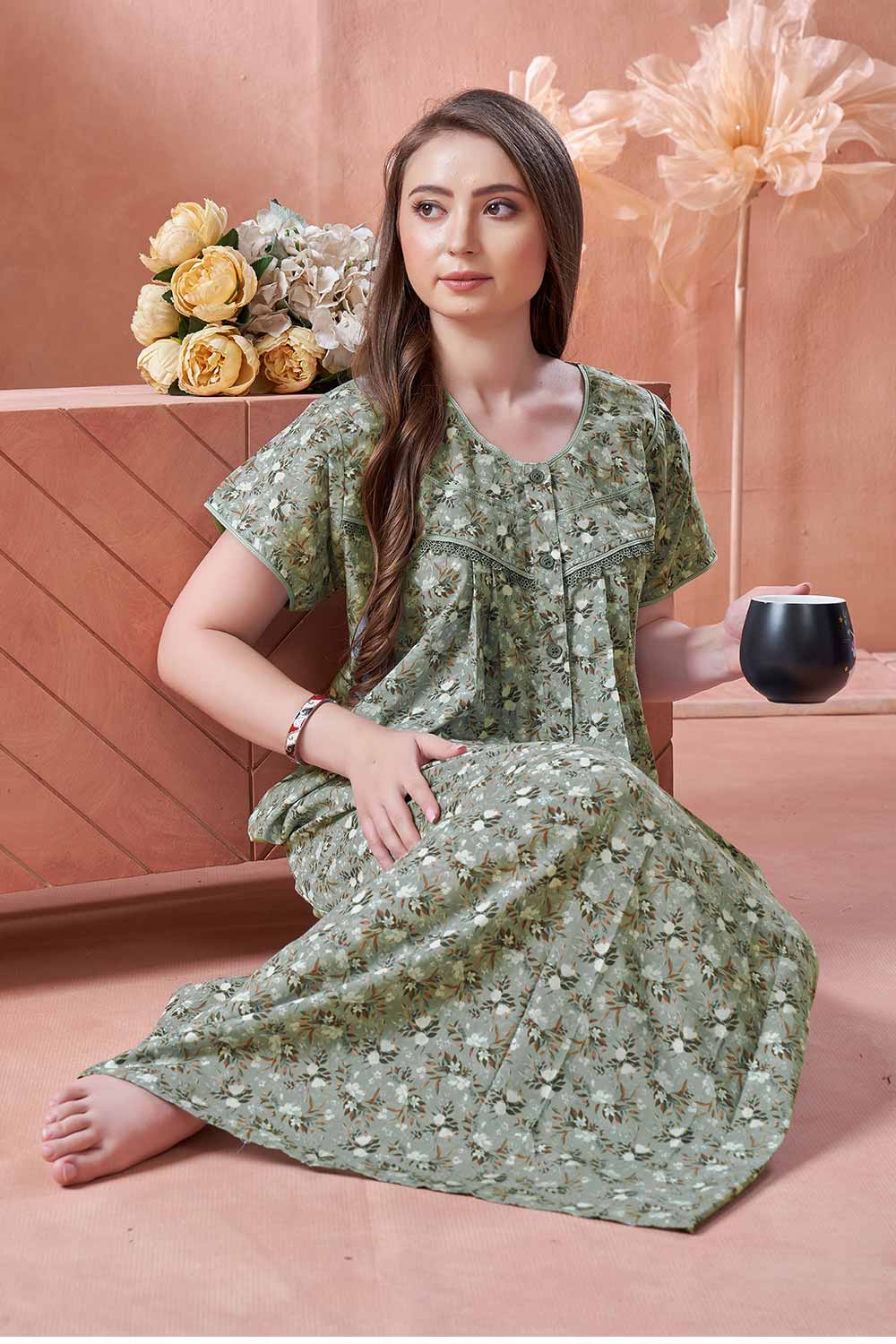 Women’s Nighty | Soft Blended Fabric Comfortable Nightwear & Stylish Sleepwear - Green - 2199