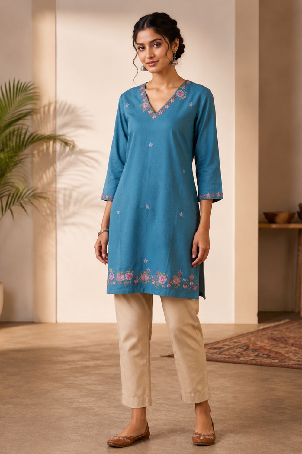 Women's Cotton Flax Embroidered Top | V-Neck 3/4 Sleeve Casual Top for Women | Regular Fit Everyday Office Wear Cotton Top - EX13