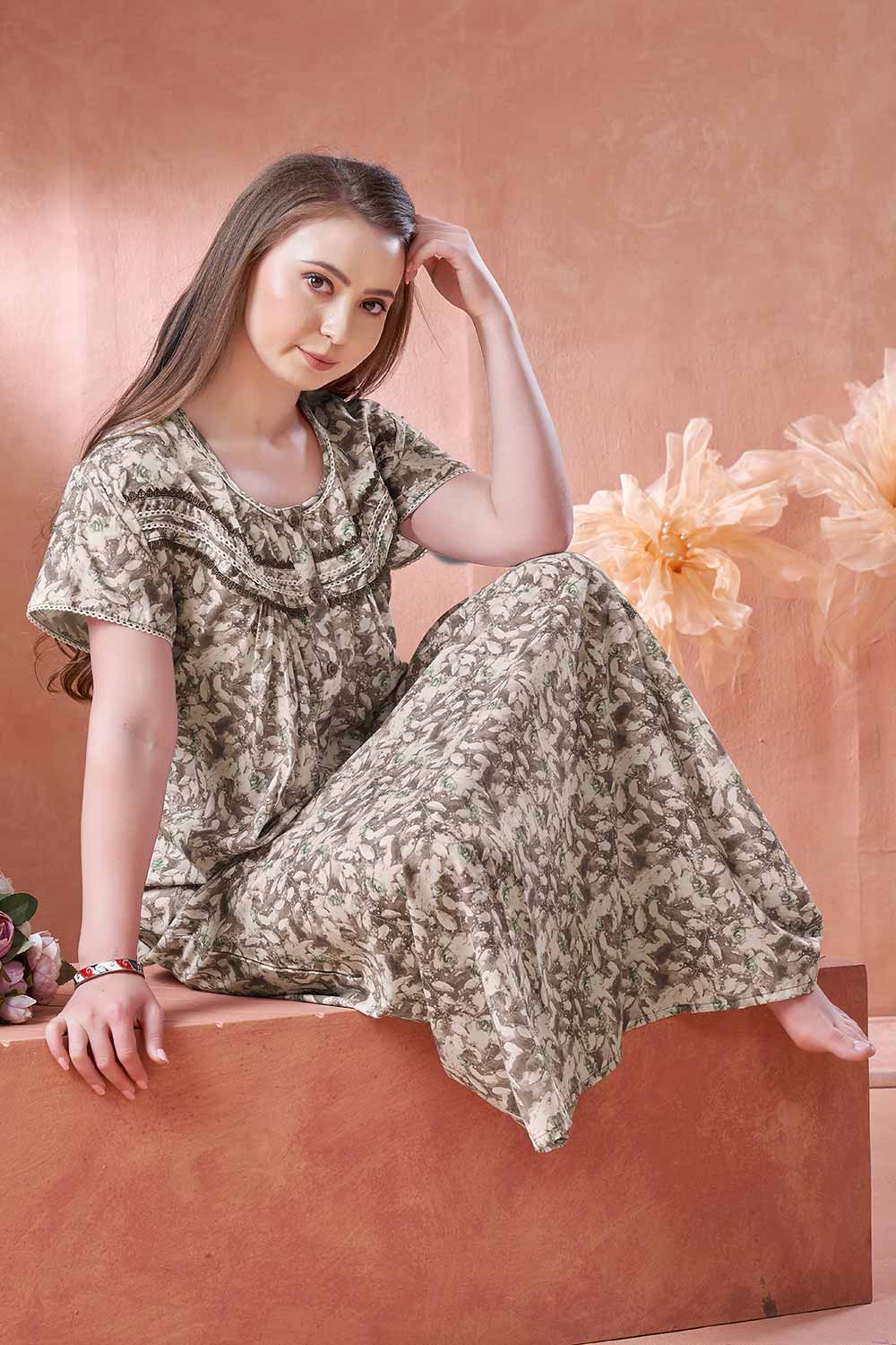 Women’s Nighty | Soft Blended Fabric Comfortable Nightwear & Stylish Sleepwear - Brown - 2208