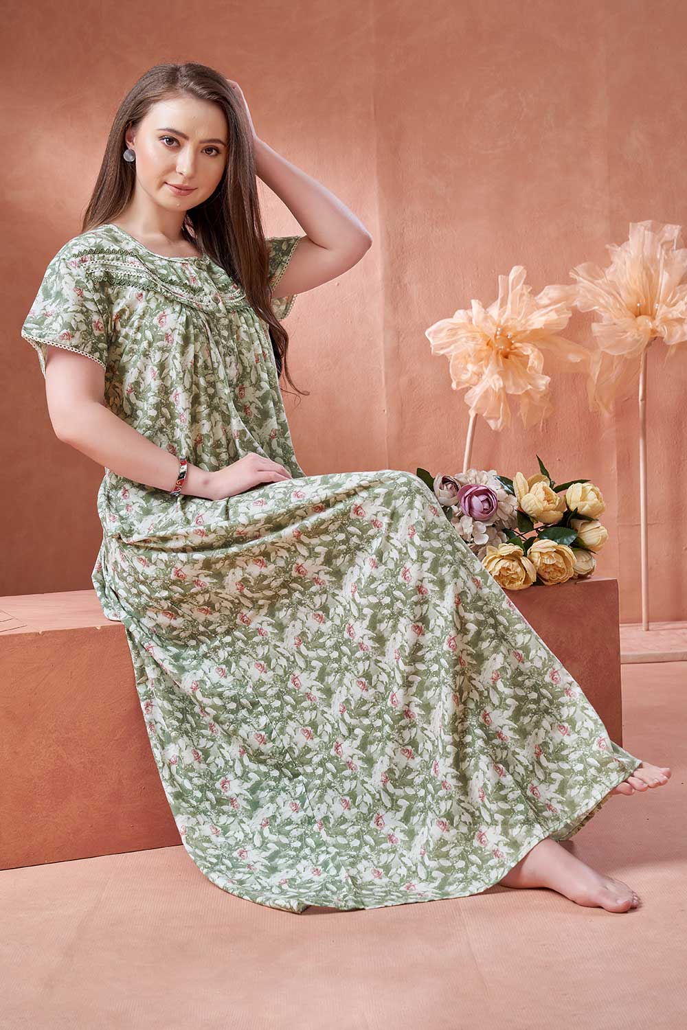 Women’s Nighty | Soft Blended Fabric Comfortable Nightwear & Stylish Sleepwear - Green - 2208