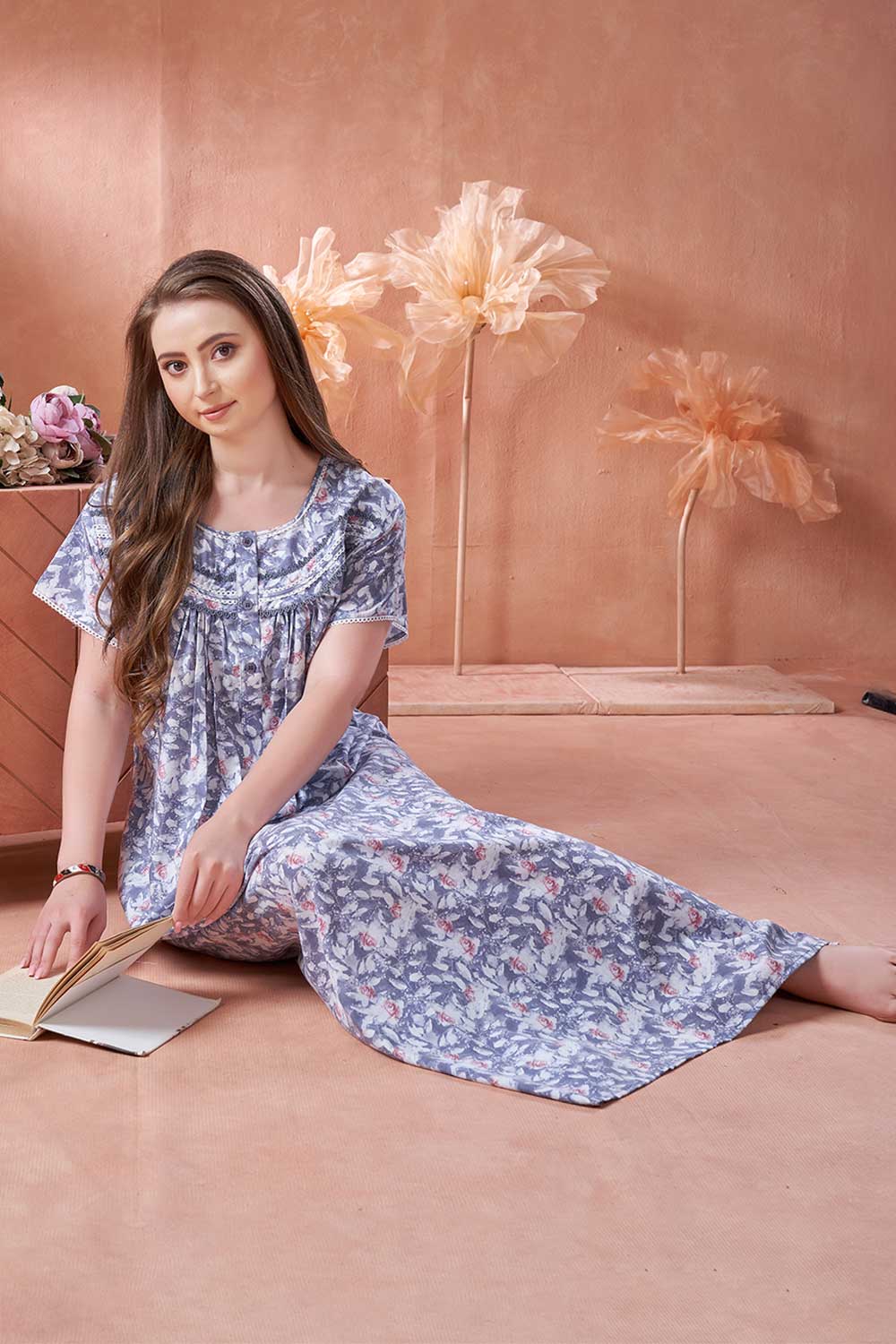 Women’s Nighty | Soft Blended Fabric Comfortable Nightwear & Stylish Sleepwear - Grey - 2208