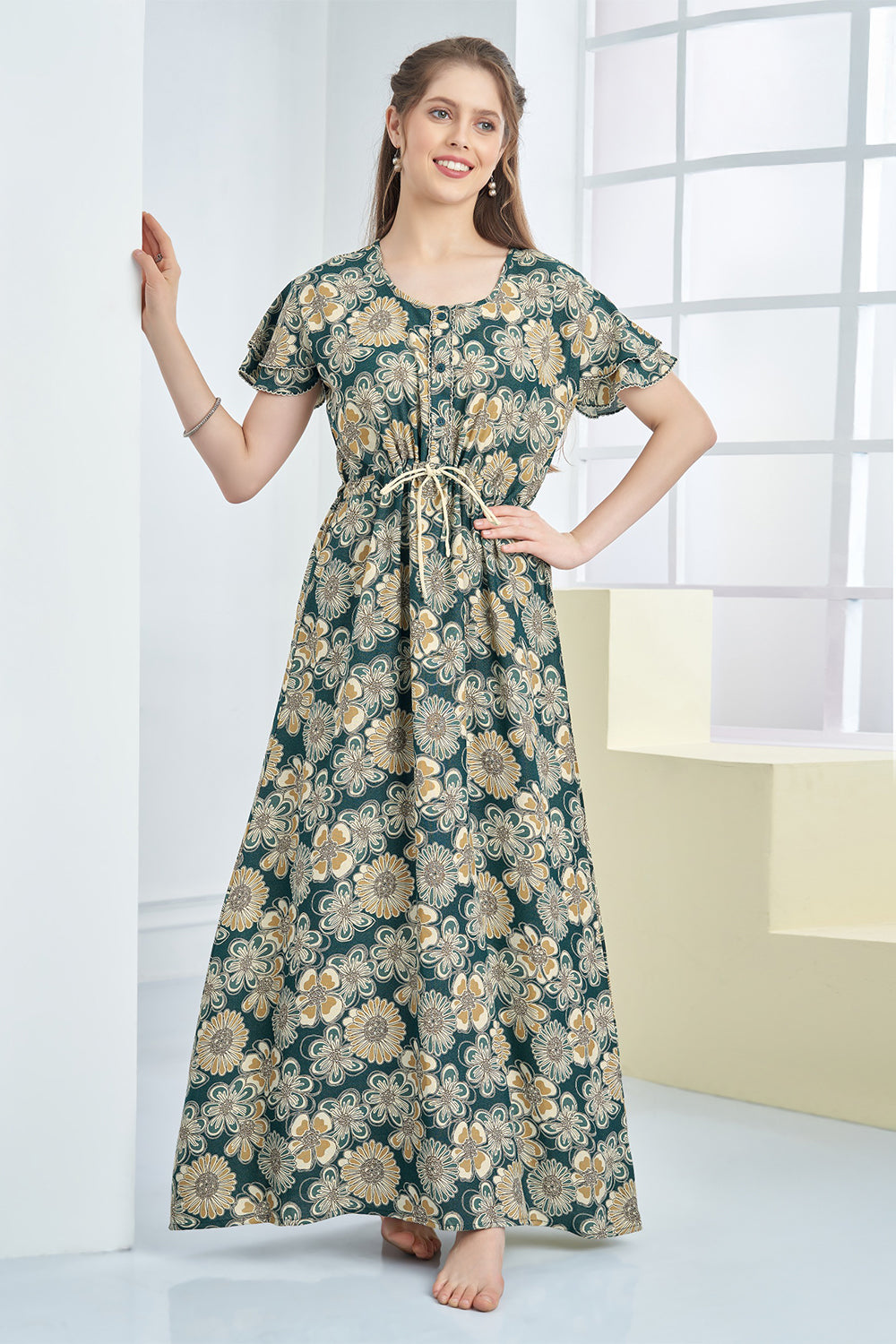 Women’s Cotton Blend Printed Nighty | Full Length A-Line Night Dress with Round Neck & Short Sleeves | Regular Fit Daily Wear Sleepwear & Loungewear - 2312