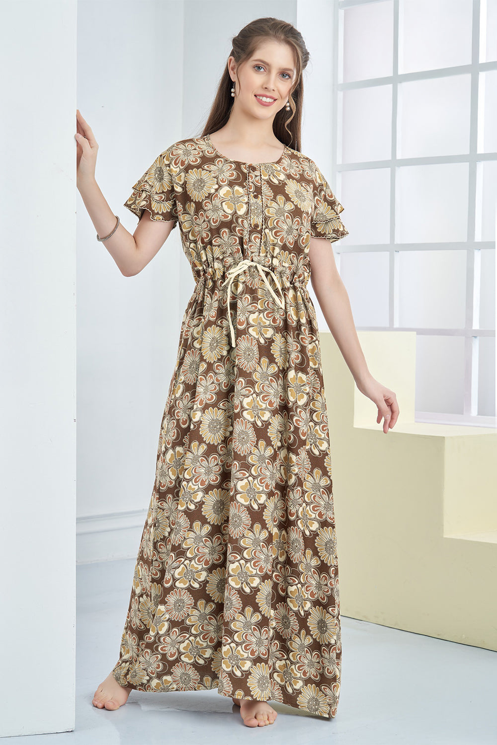 Women’s Cotton Blend Printed Nighty | Full Length A-Line Night Dress with Round Neck & Short Sleeves | Regular Fit Daily Wear Sleepwear & Loungewear - 2312