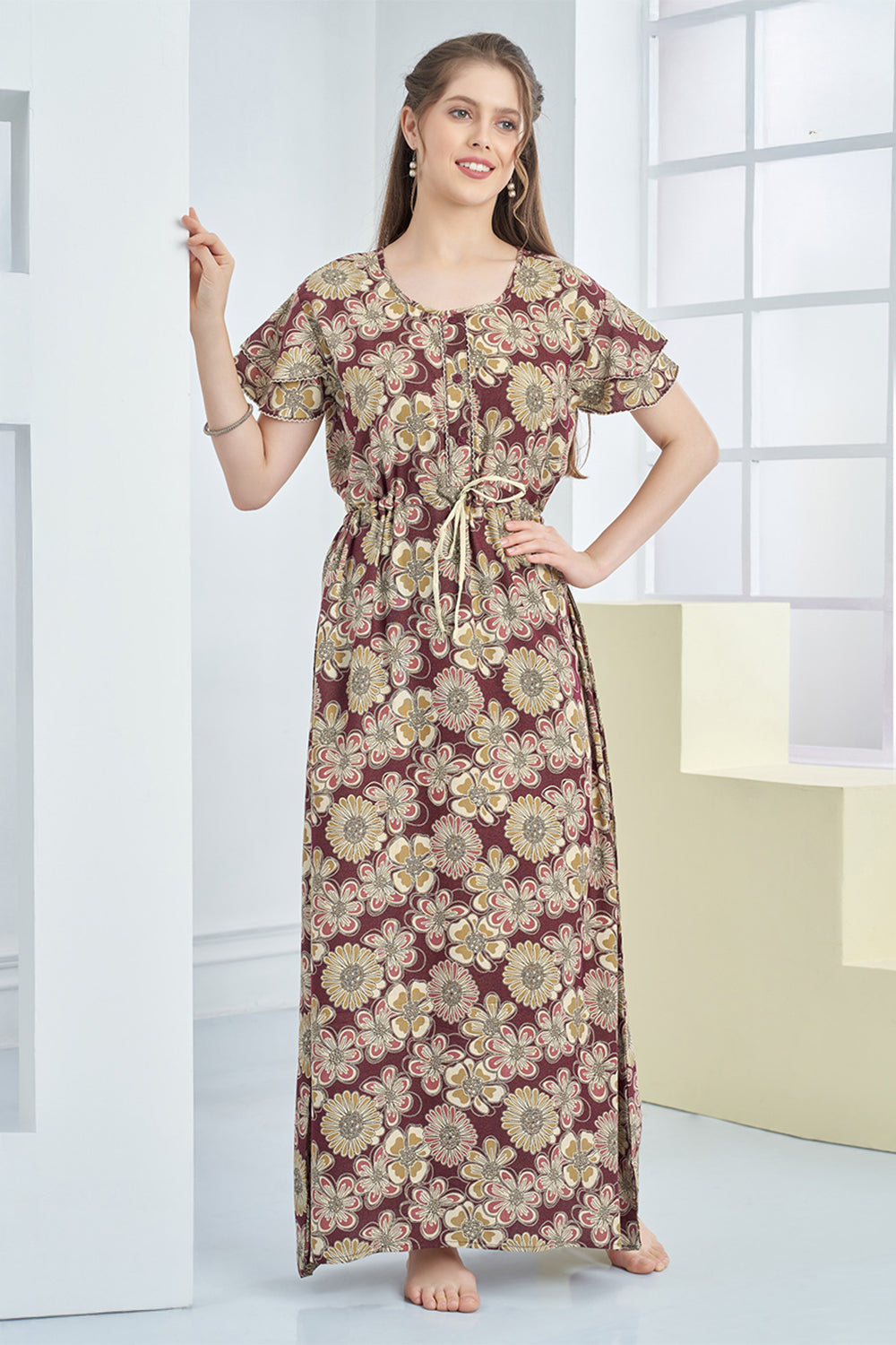 Women’s Cotton Blend Printed Nighty | Full Length A-Line Night Dress with Round Neck & Short Sleeves | Regular Fit Daily Wear Sleepwear & Loungewear - 2312