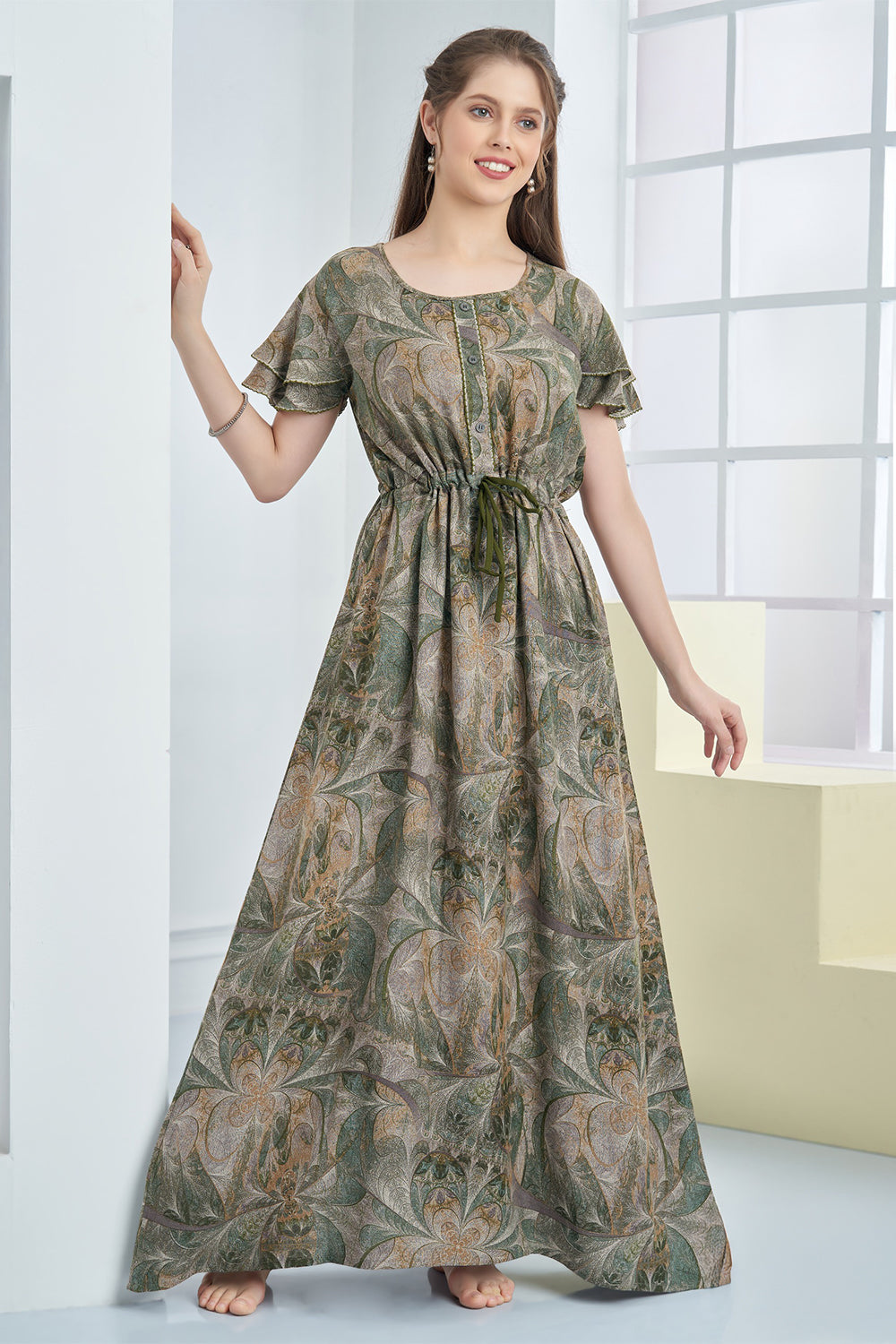 Women’s Cotton Blend Printed Nighty | Full Length A-Line Night Dress with Round Neck & Short Sleeves | Regular Fit Daily Wear Sleepwear & Loungewear - 2313
