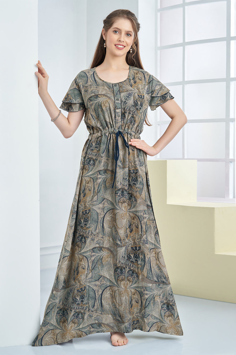 Women’s Cotton Blend Printed Nighty | Full Length A-Line Night Dress with Round Neck & Short Sleeves | Regular Fit Daily Wear Sleepwear & Loungewear - 2313