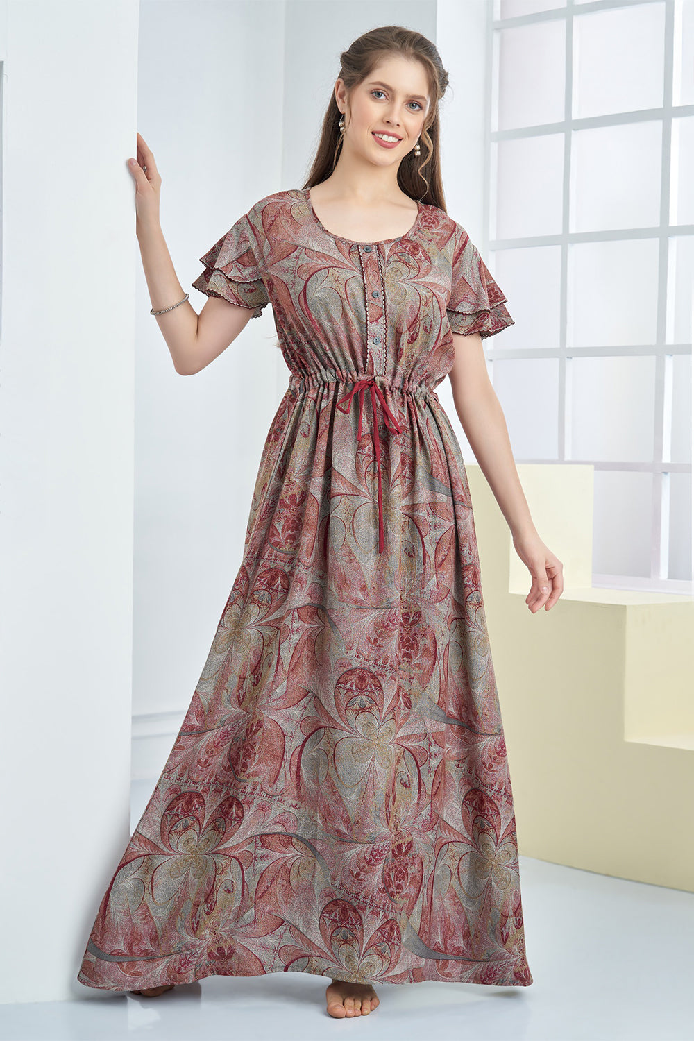 Women’s Cotton Blend Printed Nighty | Full Length A-Line Night Dress with Round Neck & Short Sleeves | Regular Fit Daily Wear Sleepwear & Loungewear - 2313