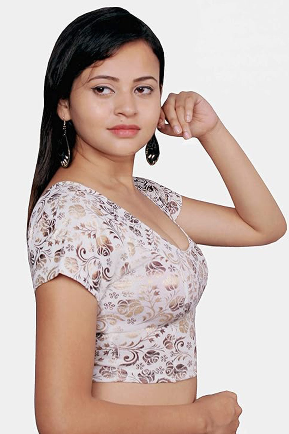 Women's Readymade Stretchable Princess Cut Saree Blouse – Printed Round Neck Ethnic Blouse - 2358