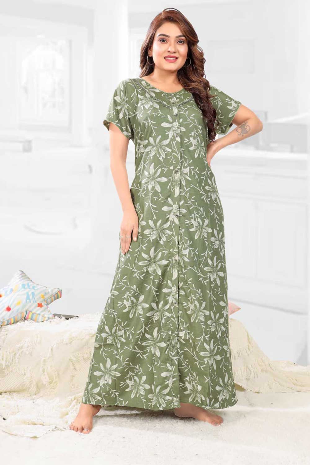 Naidu Hall Women’s Printed Nighty – Relax Fit Poly Viscose Full Length Front Open Nightwear | Comfortable Daily Wear Nighty - 2388