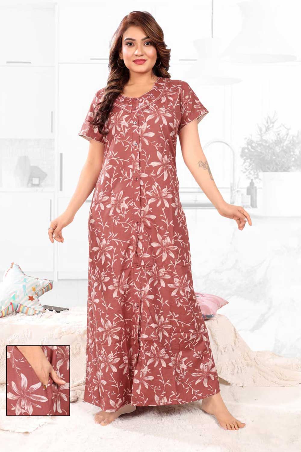 Naidu Hall Women’s Printed Nighty – Relax Fit Poly Viscose Full Length Front Open Nightwear | Comfortable Daily Wear Nighty - 2388