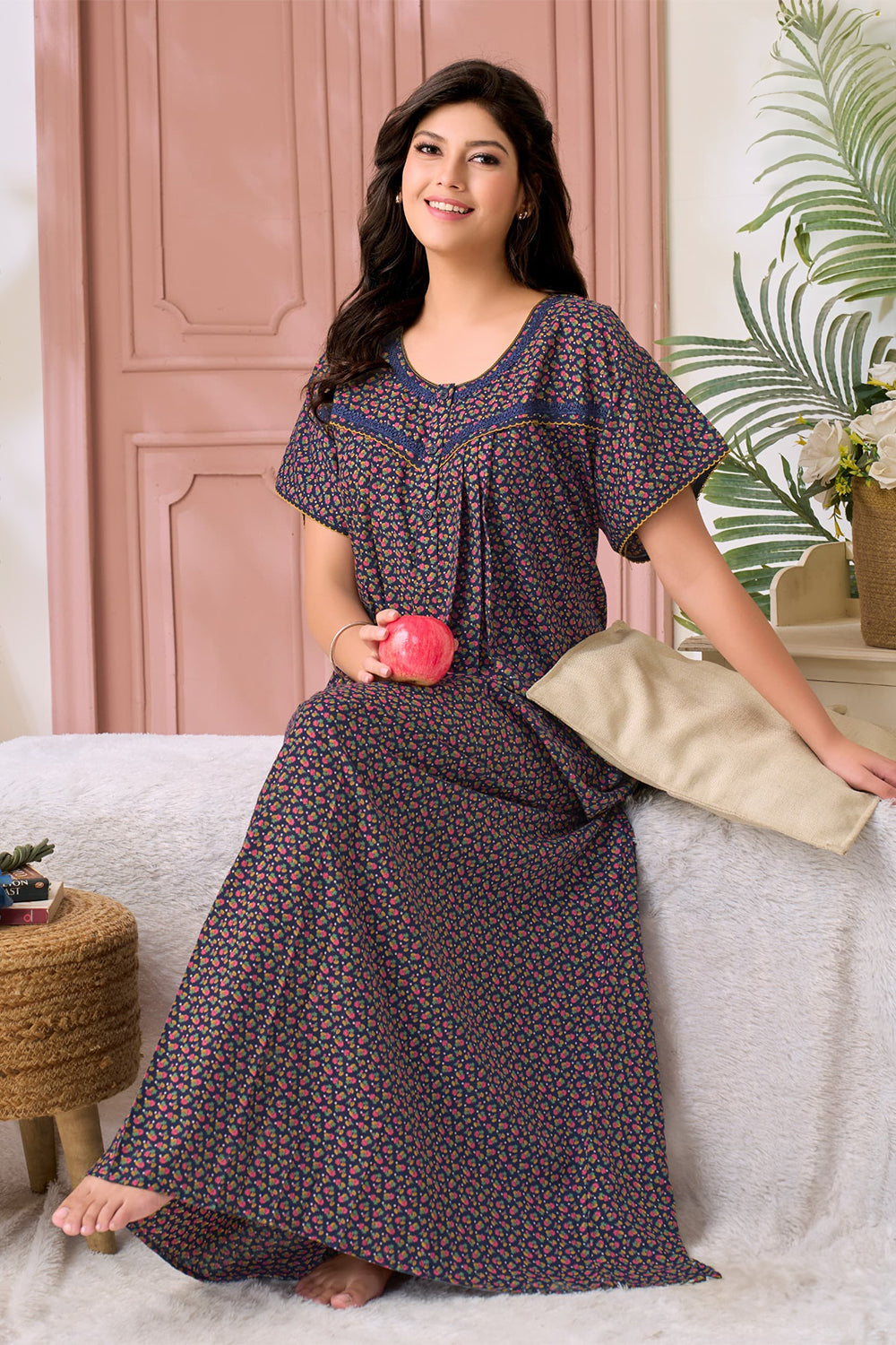Women's Bizzy Lizzy Poly Viscose Printed Nighty | Round Neck Short Sleeve Full Length Night Gown for Women | Relax Fit Premium Sleepwear - 2392